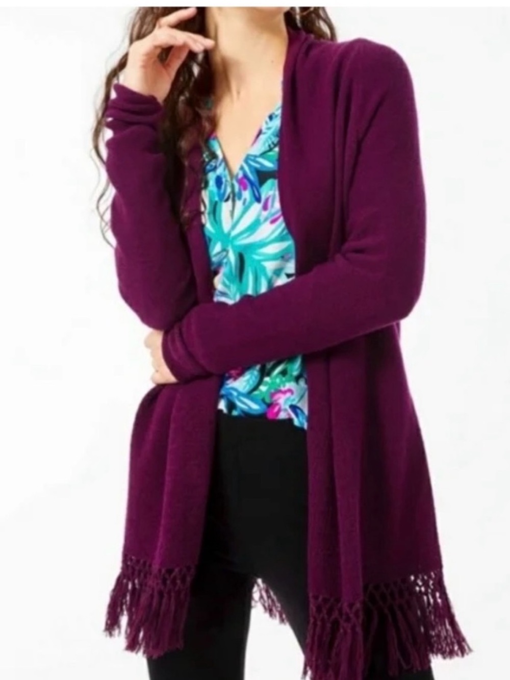 Lilly Pulitzer Tatum Open-Front Fringe Cardigan Plum Size XL